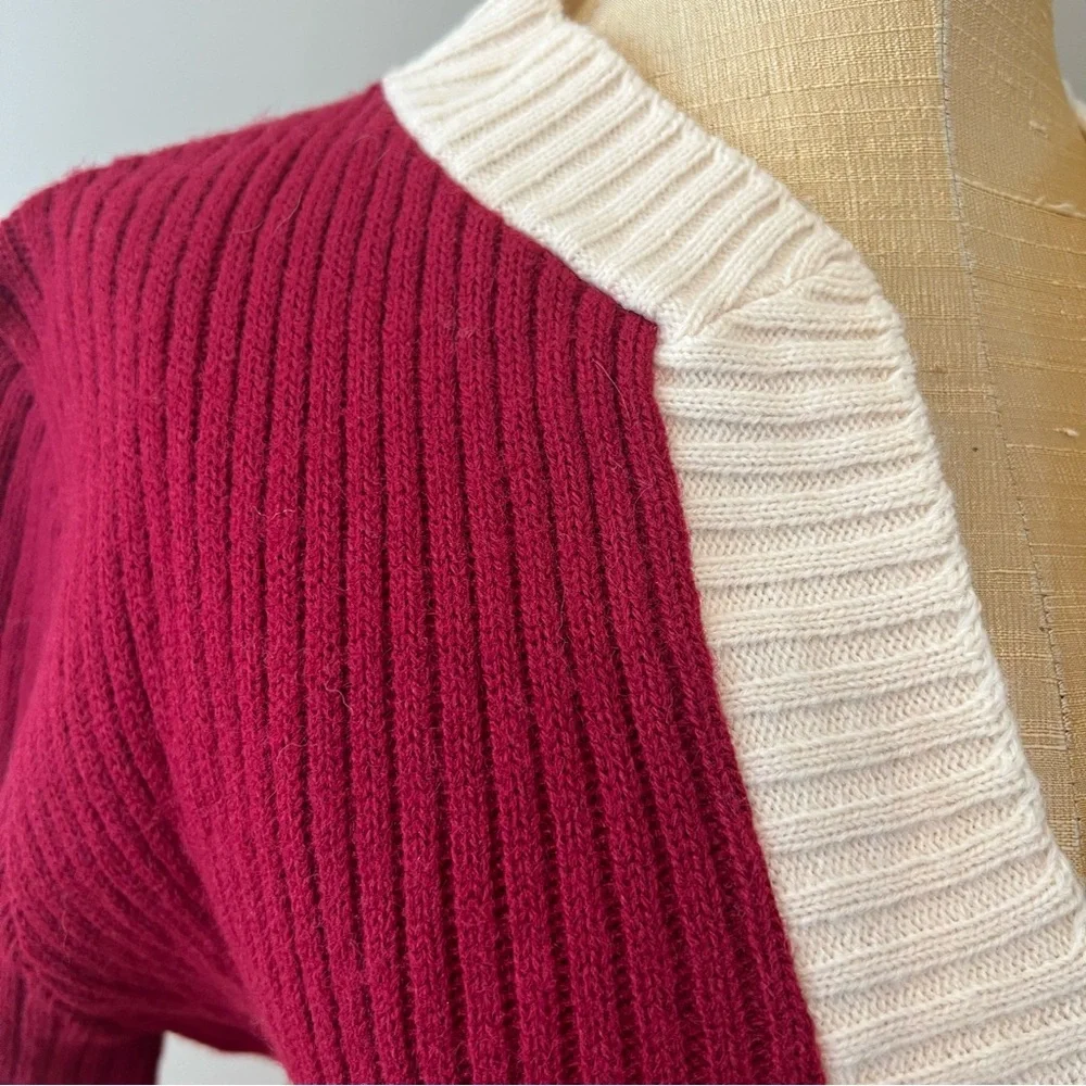 Vintage 70s Wool Blend Knit Shift Dress Sz 8 Burgundy Ivory Stretch Belt Silver - Picture 3 of 14